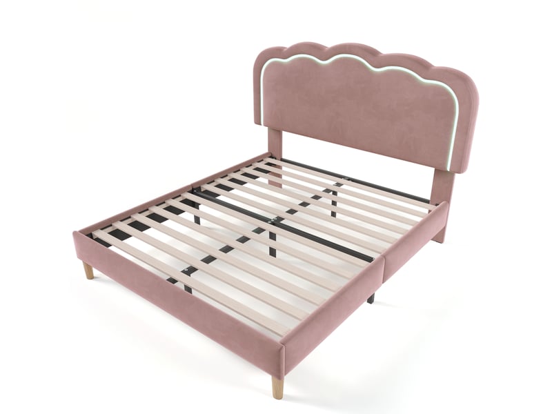 Lit enfant 140x200 cm, lit double capitonné, avec sommier à lattes et tête de lit led réglable, velours, rose, sans matelas  - Conforama D