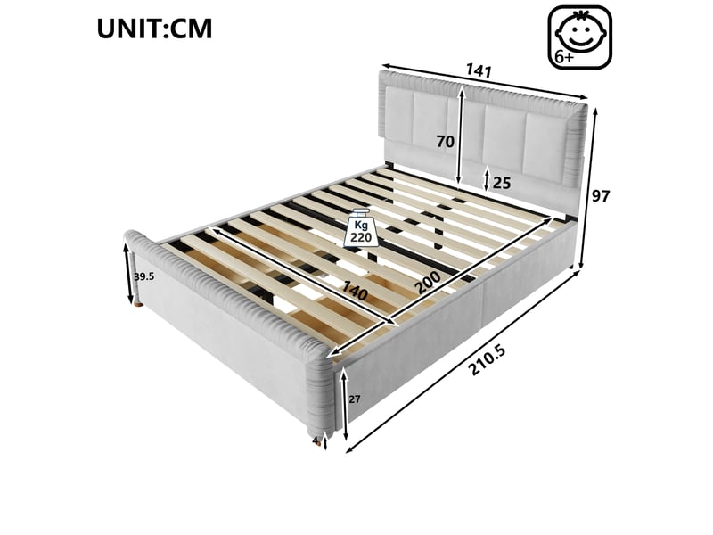  Lit adulte 140x200 cm en velours avec 2 tiroirs de rangement, tête et pied de lit rembourrés, pieds en bois - gris  - Conforama C