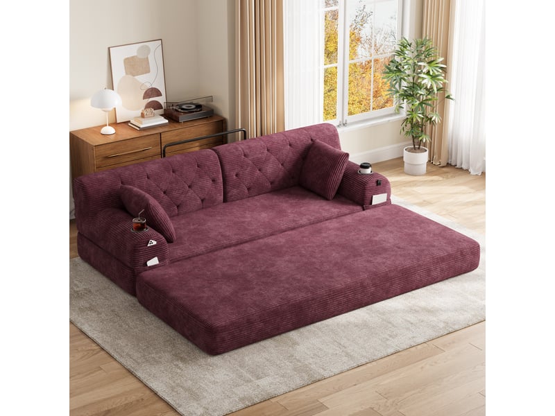  Canapé convertible 3 places avec dossier haut et porte-gobelets -  4 poches, velours côtelé bordeaux  - Conforama B