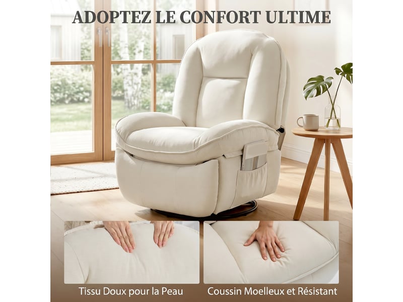  Fauteuil de relaxation inclinable et pivotant en chenille crème 93x91x104 cm  - Conforama E