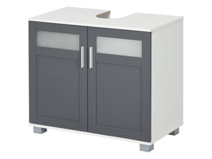 Meuble sous lavabo blanc et gris avec 2 portes en verre trempé, 69 x 35 x 59 cm
