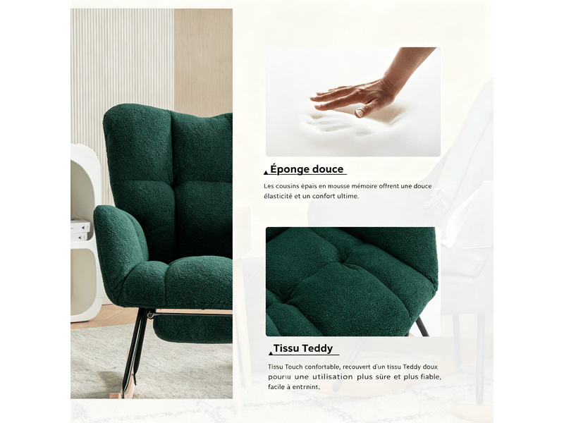  Fauteuil à bascule - 1 place - teddy - repose-pieds inclus &amp; accoudoirs &amp; cadre métal &amp; cadre bois - 80 x 98 x 98.5 cm - vert  - Conforama C