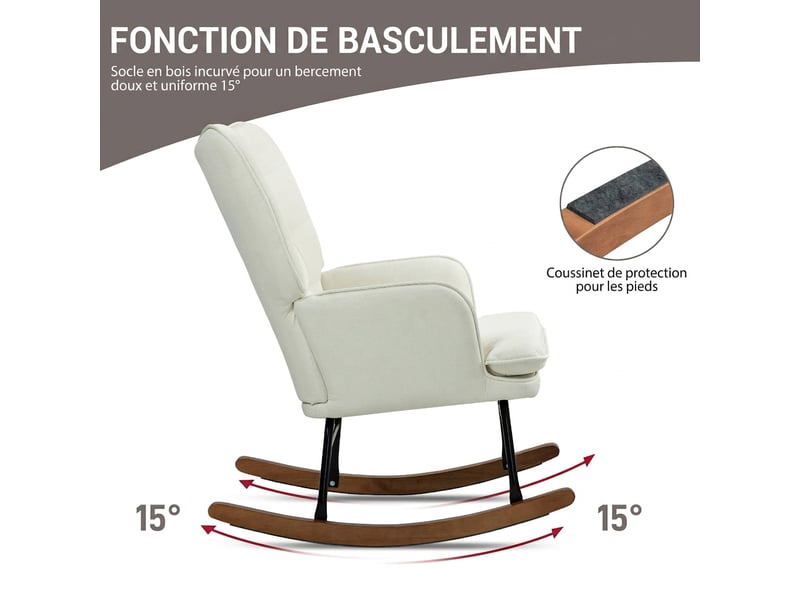  Fauteuil à bascule avec repose-pieds et dossier à oreilles, fauteuil d'allaitement aspect lin, cadre acier et bois, 130 kg  - Conforama R