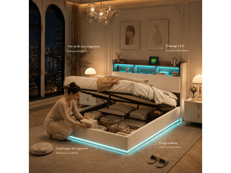 Lit coffre 140x200 cm coloris blanc  - Conforama D
