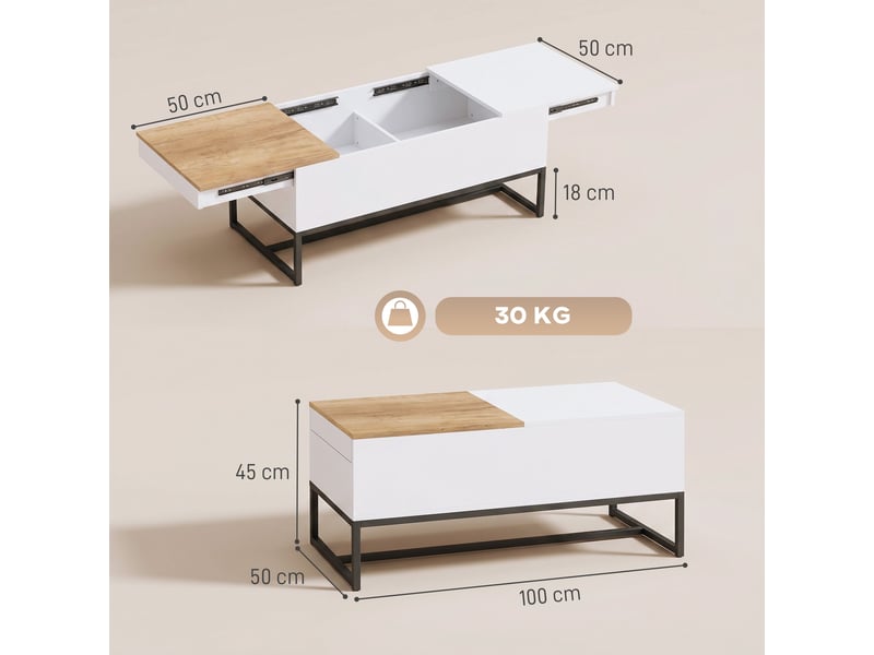  Table basse extensible avec plateau coulissant, blanc, table de salon avec rangement caché et pieds en acier  - Conforama C