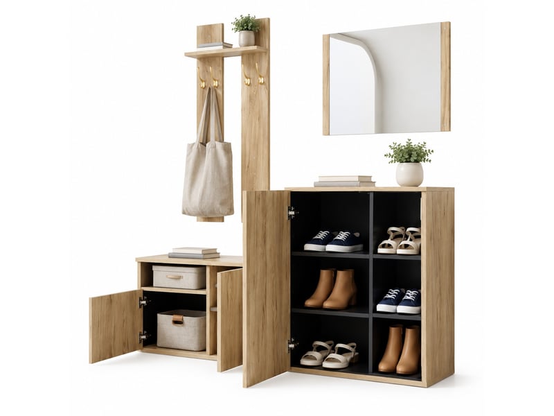  Meuble d'entrée 4-en-1 avec miroir, crochets, meuble à chaussures et banc, étagères réglables, 120 × 35 × 123 cm  - Conforama A