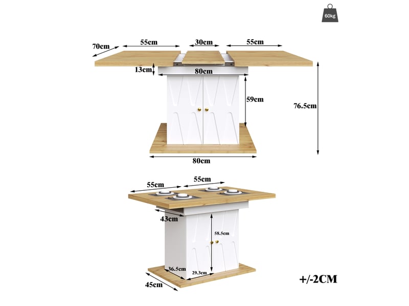 Table extensible avec plateau amovible et étagères intégrées, décor relief, pour cuisine, blanche, 110 × 70 × 76,5 cm - Conforama E