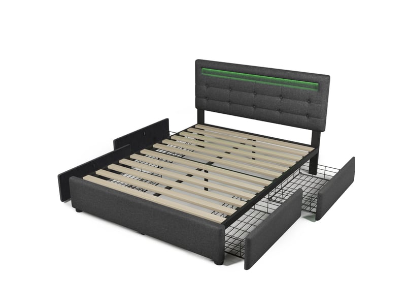 Lit 140x200 cm led tête réglable, 4 tiroirs, sommier bois, double capitonné gris - Conforama D