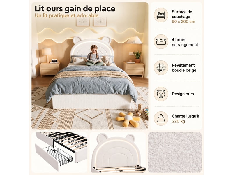 Lit enfant rembourré 90 x 200 cm - lit coffre - avec tête de lit led - 4 tiroirs - beige (matelas non inclus) - Conforama D