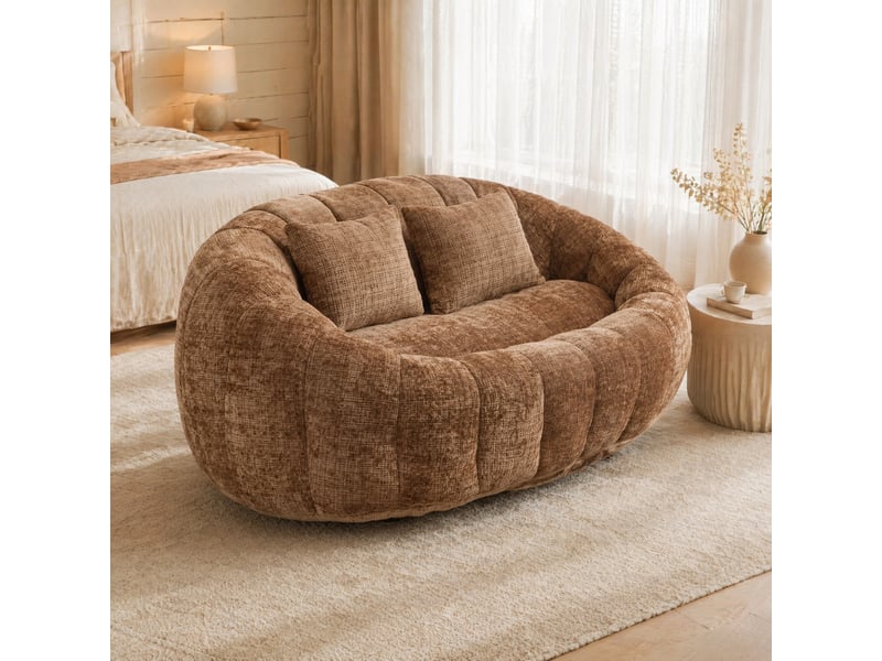 Pouf poire en chenille, assise au sol avec dossier haut, accoudoirs et rembourrage en mousse, marron - Conforama B