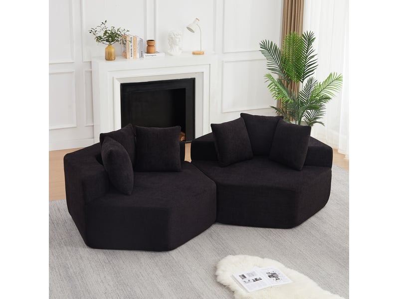  Lot de 2 fauteuils modulables compressés et hexagonaux souples, assise de 2 places, en tissu chenille, couleur noir  - Conforama D