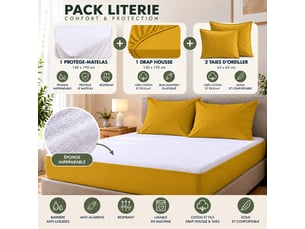 Pack literie protège matelas 140x190 imperméable + drap housse + 2 taies curry