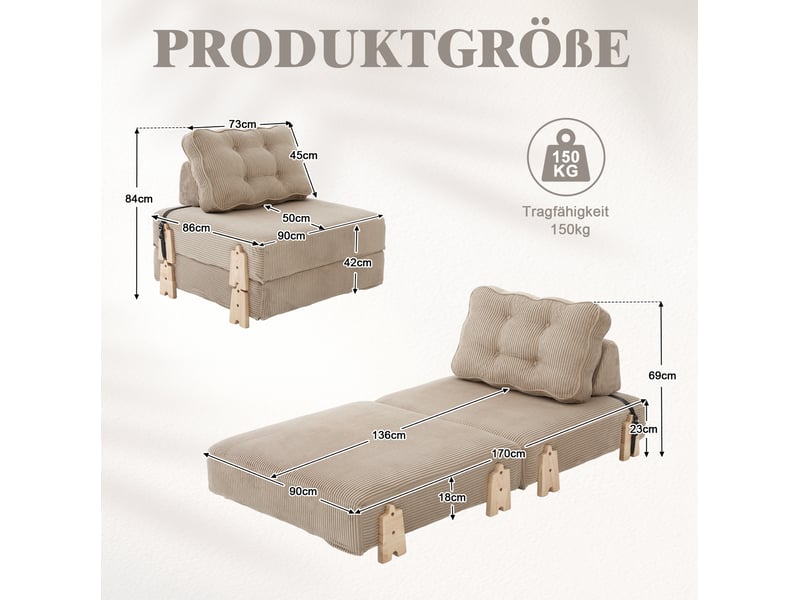 Fauteuil convertible modenvie, canapé-lit 1 place en velours côtelé kaki, pliable, avec pieds en bois clair, 90 x 86 x 84 cm  - Conforama C