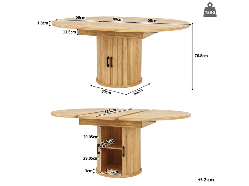  Table à manger extensible 118(158)x118x76.8 cm en mdf coloris naturel  - Conforama E