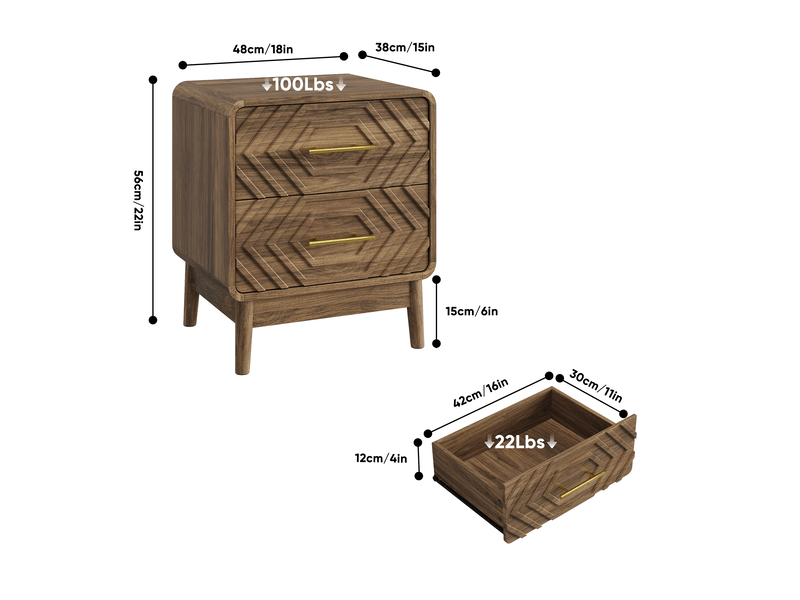  Table de chevet 48x38x56 cm en mdf marron noyer avec 2 tiroirs  - Conforama C