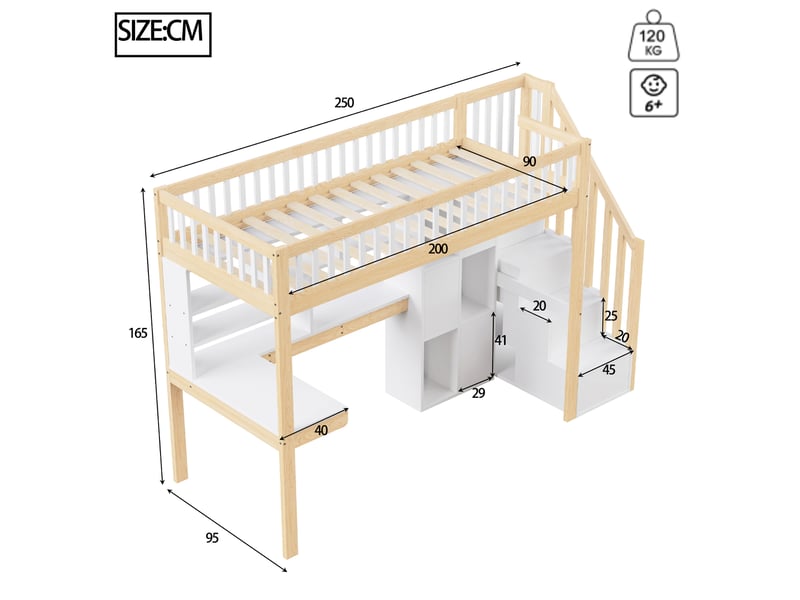 Lit mezzanine blanc et naturel 90x200 cm, led, bureau, escalier-rangement, étagères - Conforama C