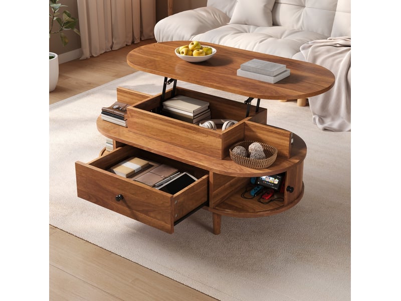  Table basse ovale 105x50x60,5 cm avec plateau relevable hydraulique, rangement caché, mdf, couleur marron  - Conforama D
