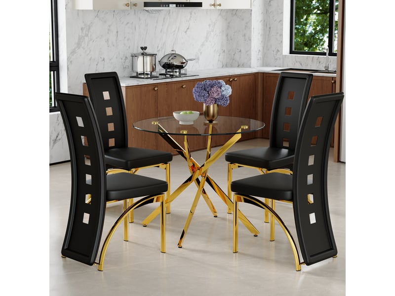  Ensemble table et 4 chaises de salle à manger, verre trempé et cuir régénéré noir, structure dorée moderne  - Conforama B