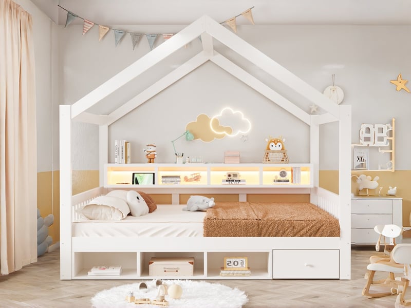  Lit cabane en bois 140 × 200 cm, avec étagères, compartiments de rangement et tiroirs, sommier inclus, blanc  - Conforama B
