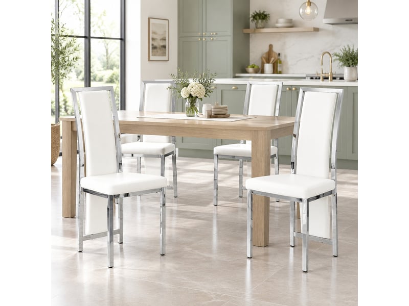  Chaises de salle à manger lot de 4 à dossier haut ergonomique  - cadre métal, pu blanc et argenté, 109 cm  - Conforama C