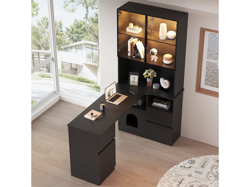  Bureau d’angle 120 × 80 × 180 cm, avec étagères et vitrine led, 3 tiroirs, 2 portes et rangement ouvert, mdf, noir, façade vitrée, finition soignée CARDUME ESTIVAL - Conforama D