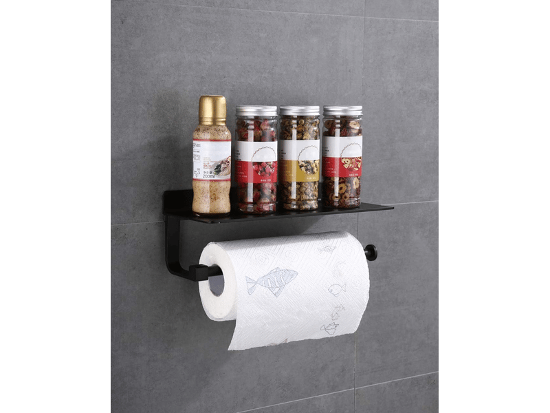  Porte-essuie-tout avec étagère, montage mural, adapté au rangement de la cuisine et de la salle de bain, noir (33 x 8,5 x 8,2 cm)  - Conforama D