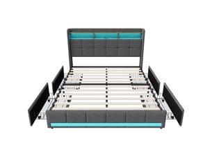Lit double adulte 180x200 cm avec 4 tiroirs et led rgb, king size, tête de lit avec étagère et ports usb, lit capitonné en lin, girs