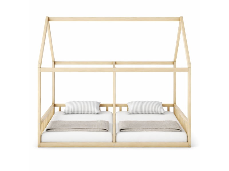  Lit cabane enfant 2 x 90x200 cm avec barrières, structure en pin et mdf naturel  - Conforama A