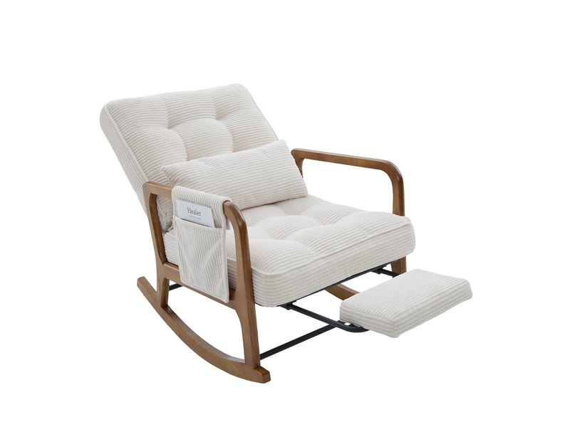 Fauteuil à bascule avec repose-pieds, dossier réglable et poche latérale en velours côtelé beige 70 × 80 × 92 cm - Conforama A