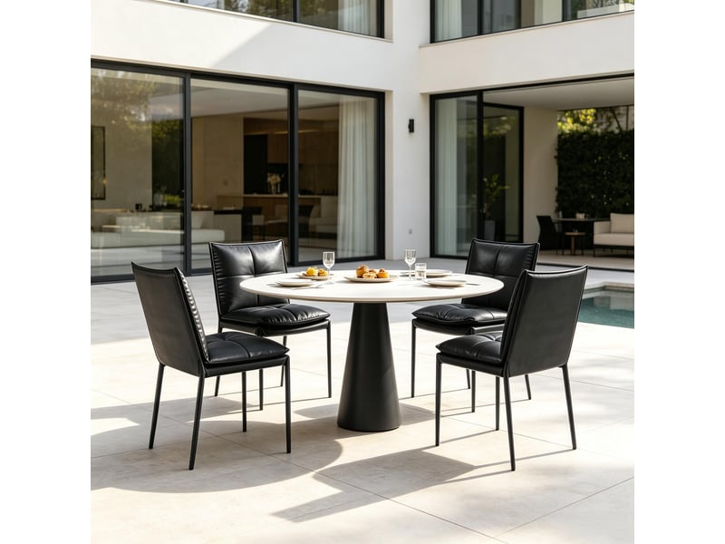  Lot de 4 chaises de salle à manger avec dossier ergonomique  - piètement métal, simili cuir effet noir  - Conforama C