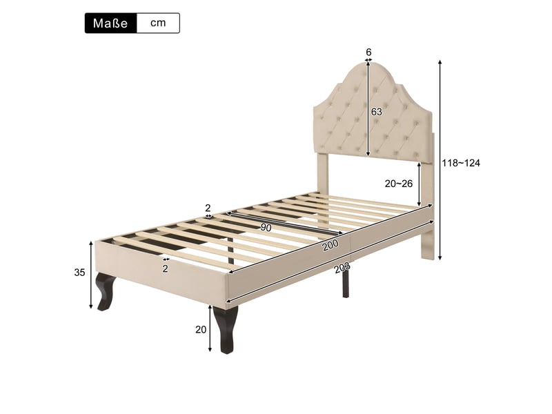 Lit enfant 90x200 cm avec sommier à lattes et tête de lit réglable en hauteur, lit simple, sommier à lattes en bois, montage facile, velours, beige - Conforama C