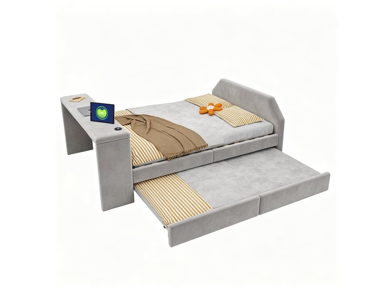 Lit gigogne 90x180+140*200 cm avec bureau coloris gris tissu - Conforama A
