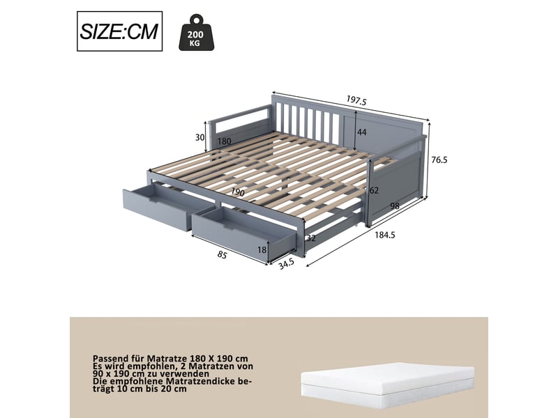  Lit banquette 2-en-1 2 places 90x190 cm extensible à 180x190 cm avec lit gigogne, 2 tiroirs de rangement, sommier à lattes, pin massif gris  - Conforama D