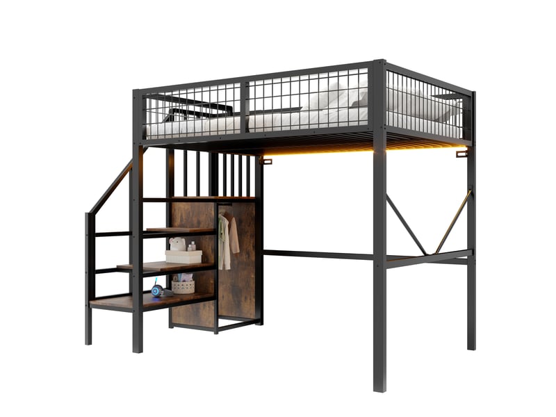 Lit mezzanine 140x200 cm en métal avec échelle de rangement, éclairage led, garde-corps sécurisé et espace bureau ou canapé sous le lit - noir - Conforama A