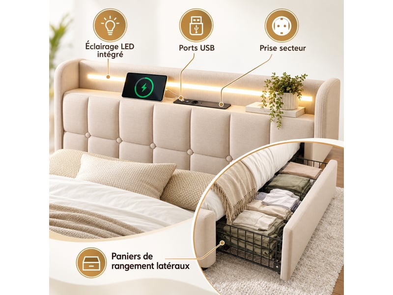 Lit double rembourré 140 x 200 cm, tête de lit led, 2 usb + 2 prises, 4 tiroirs, sommier à lattes, matelas h3 inclus, beige  - Conforama E