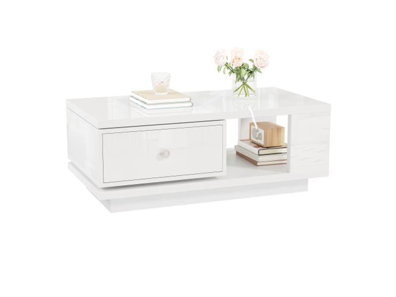 Table basse de salon à finition blanche brillante, avec tiroir pivotant, étagères ouvertes et poignées métalliques, 90 x 48 x 35 cm - Conforama A