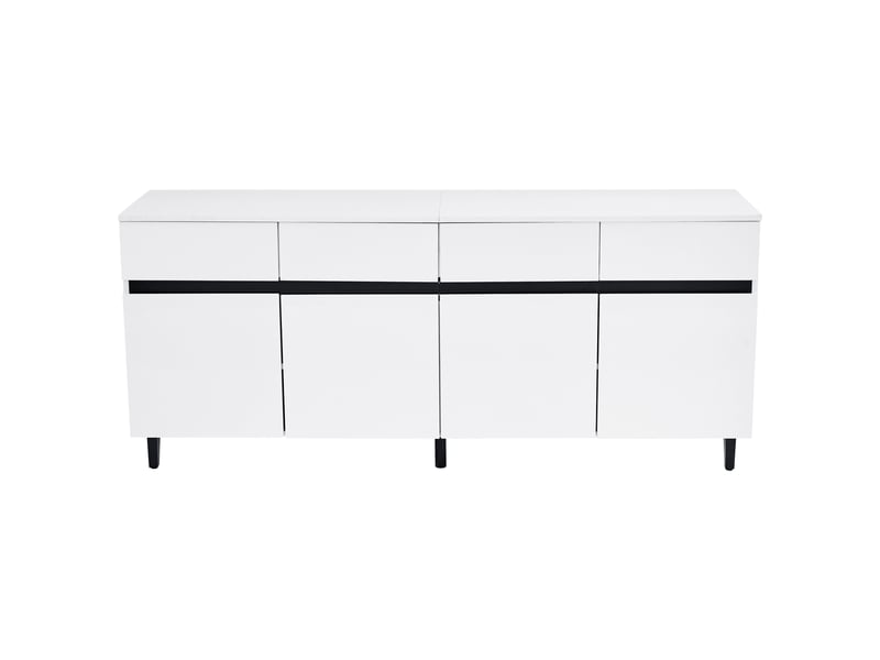 Buffet blanc brillant 4 tiroirs et 2 portes, étagères réglables, pieds noirs, meuble moderne 160 x 40 x 68 cm - Conforama A