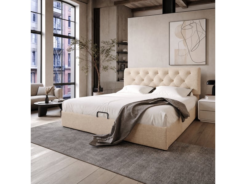  Lit coffre 160 × 200 cm 2 places, tête de lit réglable, rangement hydraulique, matelas inclus, en lin naturel  - Conforama B