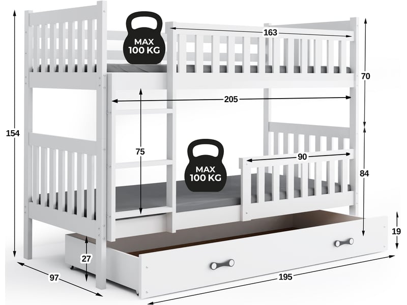  Lit superposé séparable 90x200 cm QUBA Interbeds - Bois massif de pin avec barrière, sommier et tiroir - Blanc QUBA - Conforama C