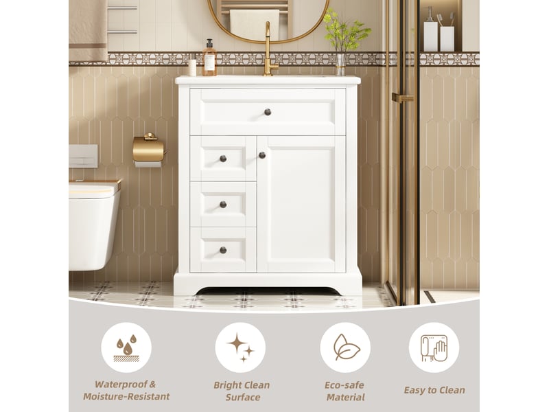  Meuble sous vasque 76x46x87 cm blanc en mdf, vasque en céramique intégrée, rangement réglable à poser  - Conforama D