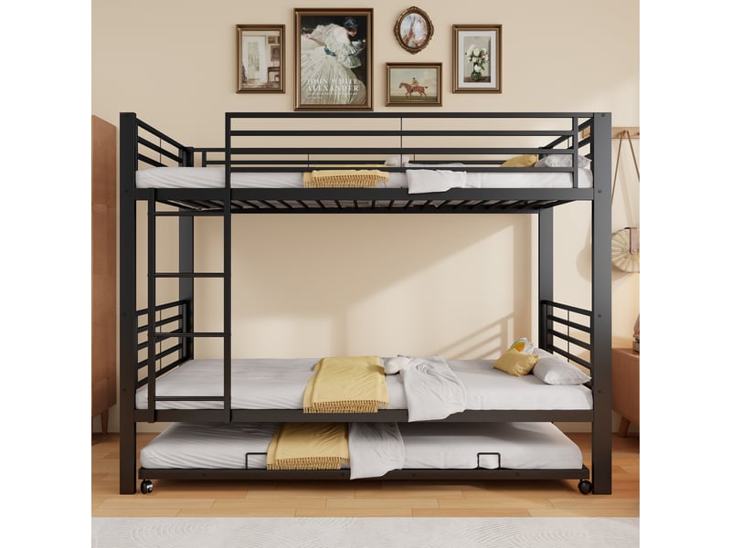  Lit superposé 90x200 cm en métal avec lit gigogne 90x190 cm, 3 couchages, échelle et barrières de sécurité - noir  - Conforama D
