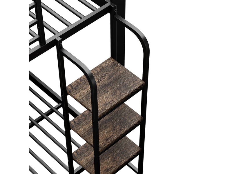  Lit superposé enfant 90x200 cm en métal, avec escalier-étagère en bois, garde-corps et structure renforcée, noir  - Conforama E