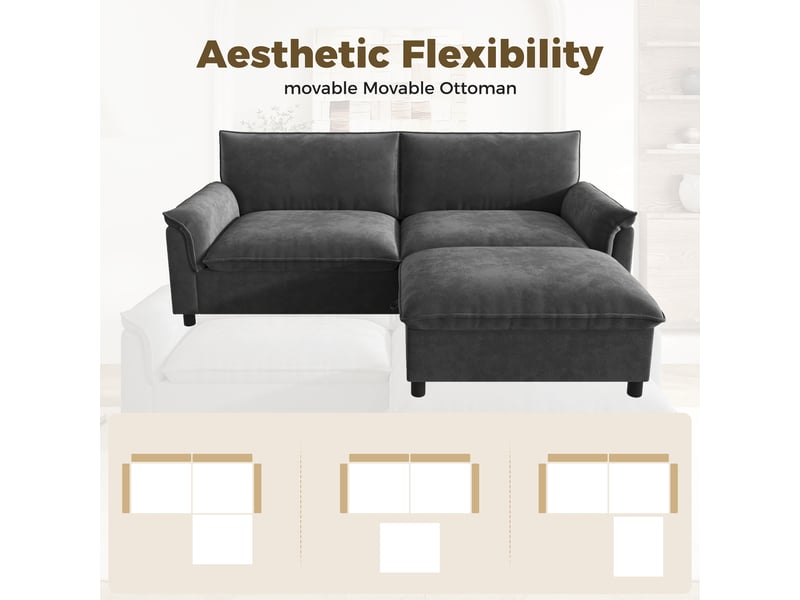  Canapé modulaire 3 places gris, tissu chenille canapé d'angle, assise profonde avec pouf coffre rangement pour salon &amp; espace détente  - Conforama E