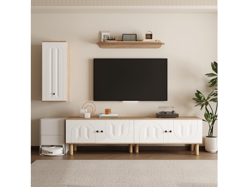  Ensemble meuble tv modenvie 3 pièces blanc et bois naturel avec rangement  - Conforama B