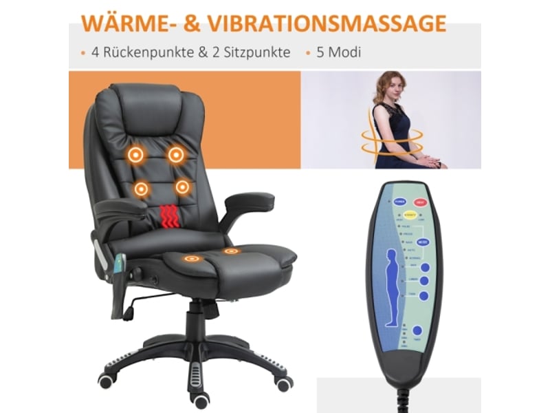 Chaise de bureau ergonomique avec massage, dossier haut, similicuir noir, pivotante - Conforama D