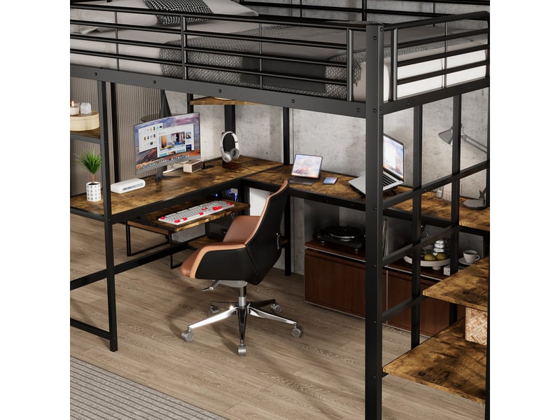 Lit mezzanine 200×120 cm avec bureau, tablette pour clavier, escalier d’angle et prise de recharge, noir et noyer foncé - Conforama C