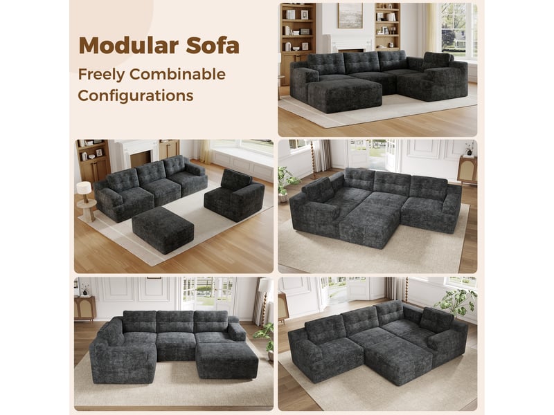  Canapé modulable 5 places en chenille gris, design forme l ou u, mousse sans armature, sans montage requis pour salon et chambre, 252cm  - Conforama E