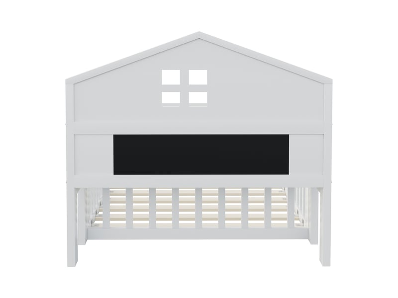  Lit cabane enfant 90x200, lit en bois massif blanc avec rangements, barrière de sécurité, porte et sommier à lattes inclus.  - Conforama D