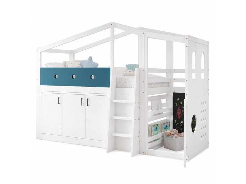  Lit mezzanine enfant 90x200 cm, avec espace de jeu et rangement, en bois, blanc, sans matelas  - Conforama A