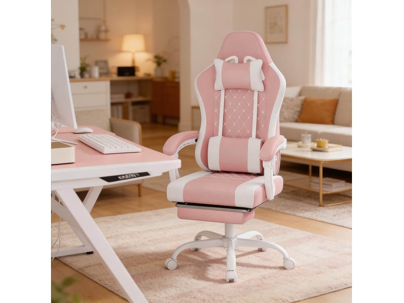 Chaise de bureau pivotante avec massage lombaire, dossier inclinable et accoudoirs mobiles en tissu mesh rose et blanc - Conforama C